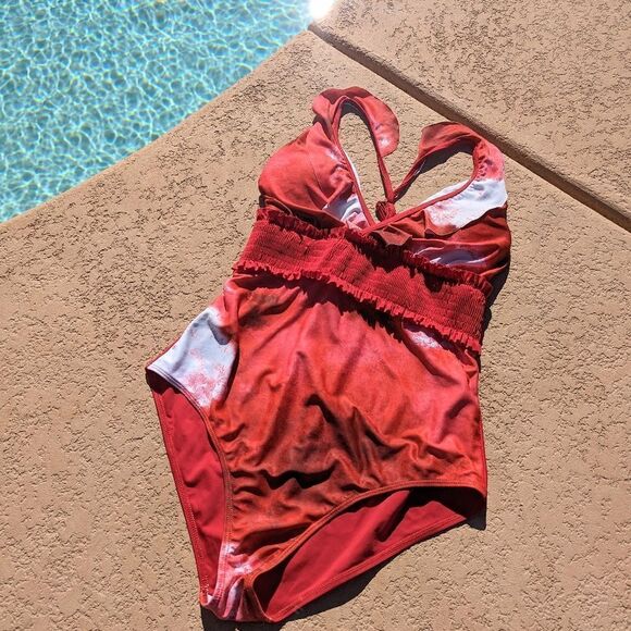 Women's marble red/white one-piece swimsuit - Picture 13 of 16